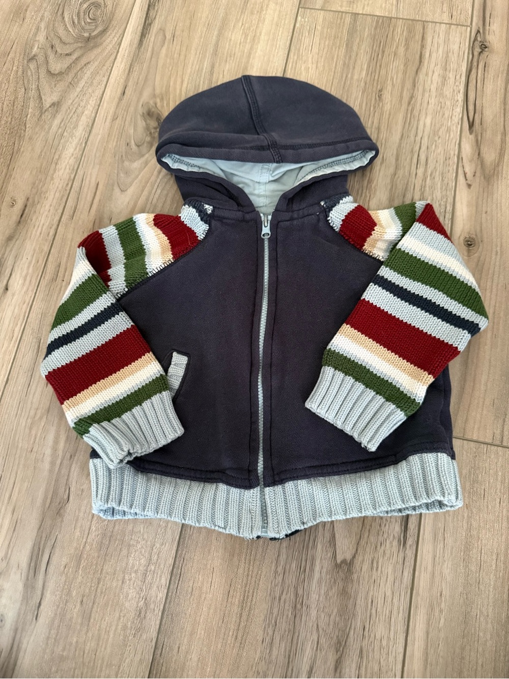 GreenDog Kids Hooded Jacket with Multicolor Striped Knit Sleeves Sz 12 months